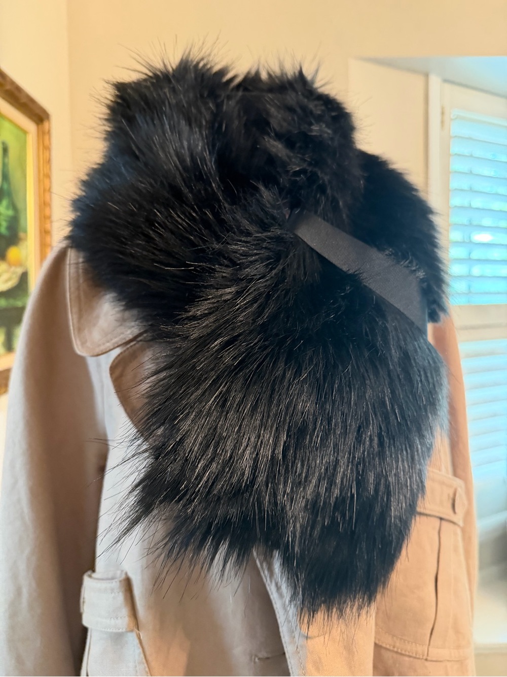 Black Faux Fur Collar Scarf Harris Tweed from Cromlix Castle in Scotland